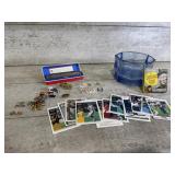 Harmonica, old stamps, Christmas pins, cards