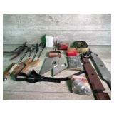 Mower blades filters, pitchfork strap, wrench