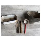 Ash bucket, drywall hatchet, enamel pan