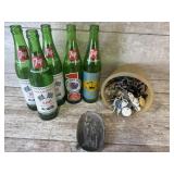 Vintage ashtray, keys, bottles