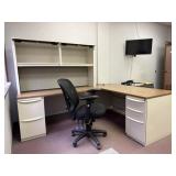 5 Drawer L-Shape Metal Desk, Wood Grain Top, w