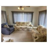 Floral Couch, Love Seat and Blue Chair