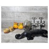 Chalkware owls, panther, glass egg