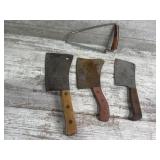 (3) meat cleavers, saw
