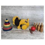 Vintage Wood Stacking Toy, Pull Dog, and Bowling