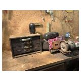 Toolbox, grinder, radio, and contents