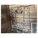 Wooden ladders, stool, and tire basket