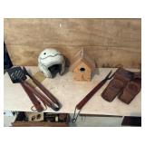 Football helmet, cooking tools, and bird house