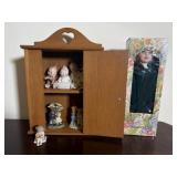 Small Wood Cabinet with Figurines and Porcelain