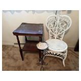 Wicker Chair, Wood Side Table, Small Metal Table