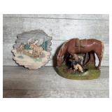 Horse, dog and boy statue, and hanging plaque
