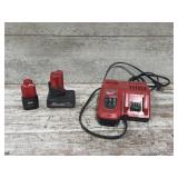 2 M12 2.0 Milwaukee batteries and charger