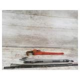 Pipe Wrench, Pry Bar, Air Nozzle, and Metal Bars
