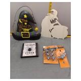 Halloween Decor Lot - Witch Hat, Spider Sign & Mor