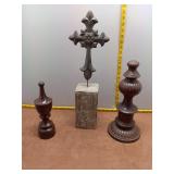 Rustic Decorative Trio: Metal Cross on Wood Base a