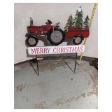 Red Metal Christmas Tractor & Trailer Yard Stake