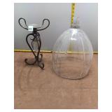 Ornate Metal Candle Stand & Large Ribbed Glass Clo