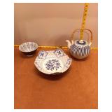 Blue & White Porcelain Trio: Striped Teapot