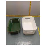 Green Wood Slat Basket & White Plastic Bin