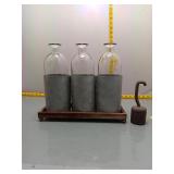 3-Bottle Glass Vase Set w/ Zinc Holders & Tray