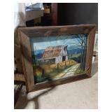 Barn Scene Oil Painting w/ Rustic Frame