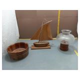 Wooden Sailboat Model, Bowl & Oil Lamp Globe