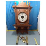 Vintage Oak Wall Clock w/ Pendulum & Weights