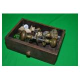OLD WOODEN DRAWER WITH GLASS AND BRASS DOOR KNOBS
