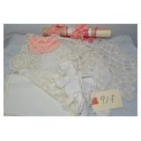 ASSORTED DOILIES, LACE, AND TABLERUNNER