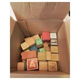 Box of old wooden kids building blocks