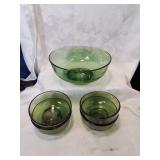Green glass salad serving bowl with four