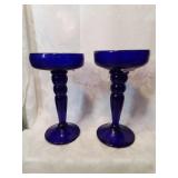 Pair of cobalt glass pillar candle holders 9 in