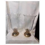 Pair of brass taper , candlesticks with glass
