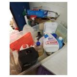 Rubber tote of cleaning supplies