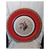 Large tin round rooster platter 19 in