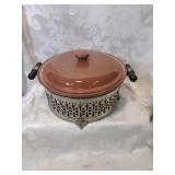Weller pottery casserole dish in silver plate