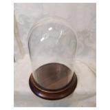 Glass dome on wooden base , nine inches tall