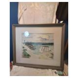 Framed watercolor signed by artist lake scene