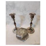 Two silver plate candle holders and a dresser box