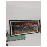 Framed vintage tapestry , peasants in cart ,