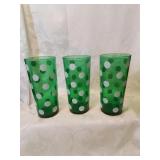 Set a 3 greem glasses with  white polka.Dots
