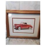Framed vintage red car print fourteen by sixteen