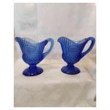 Pair, a blue glass Mount Vernon pitcher