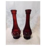 Pair of ruby glass , bud vases , nine inches