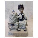 Blue.And white figurine woman with birdcage
