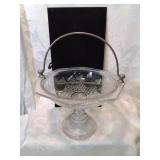 Etched glass compote with handle eleven inches