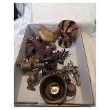 Flat of brass and wooden items