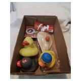 Flat with rubber duckies and other items