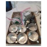 Flat of tin cups , decorator beads and other items