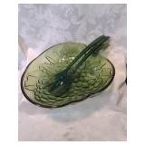 Green glass bowl and serving utensils